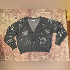So large oversize print grey boxy cardigan sweater NWOT